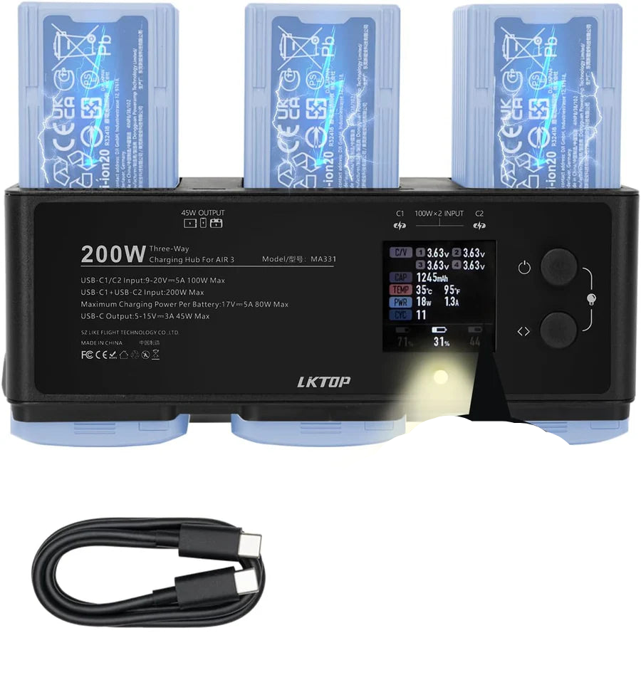 LKTOP 200W three-way charging hub for Air 3 with USB-C, LED display, and cable. Made in China.