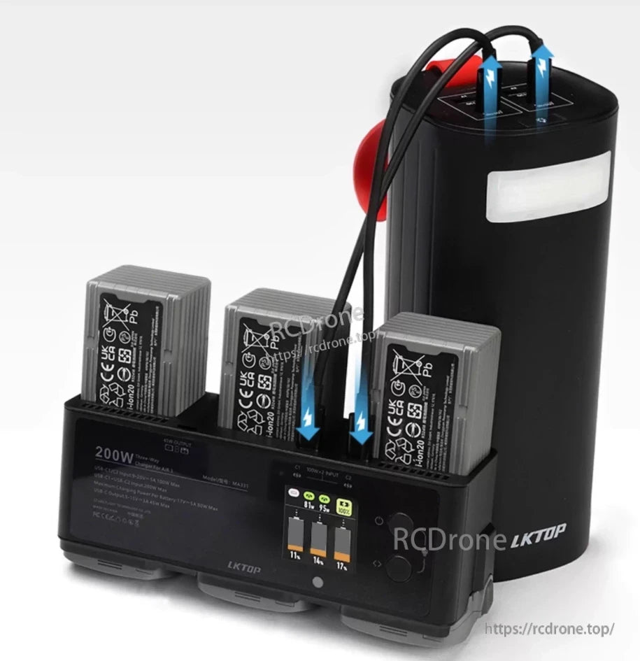 LKTOP 200W hub for DJI/Specta batteries with LED screen, fast charging, storage, and gather modes.