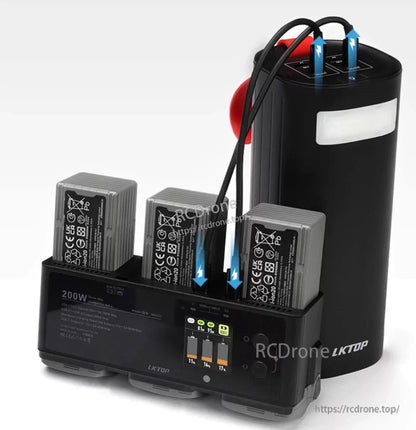 LKTOP 200W hub for DJI/Specta batteries with LED screen, fast charging, storage, and gather modes.