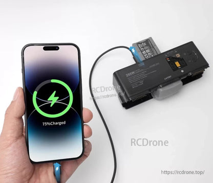 Phone charging at 75% via LKTOP 200W battery hub with LED display and multiple modes.