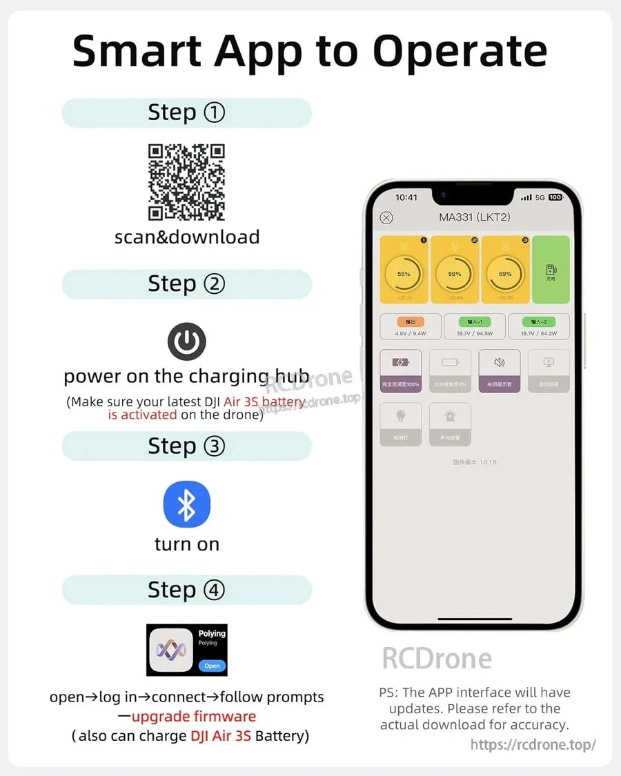 LKTOP 200W Air 3 Charger, Scan QR to download app, power hub, enable Bluetooth, log in, and follow prompts to upgrade firmware; app controls battery and settings.