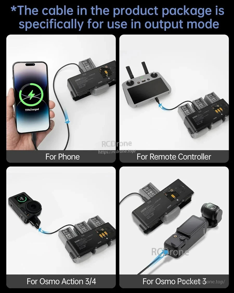 LKTOP 200W Air 3 Charger, Cable for output mode charges phone, remote, Osmo Action 3/4, Pocket 3 devices.