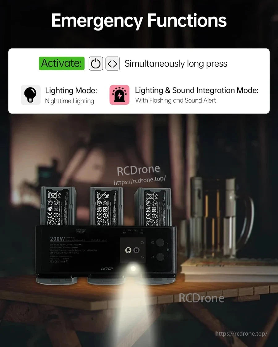 LKTOP 200W Air 3 Charger, The LKTOP 200W charger features emergency lighting and sound alerts triggered by long-pressing both power buttons.