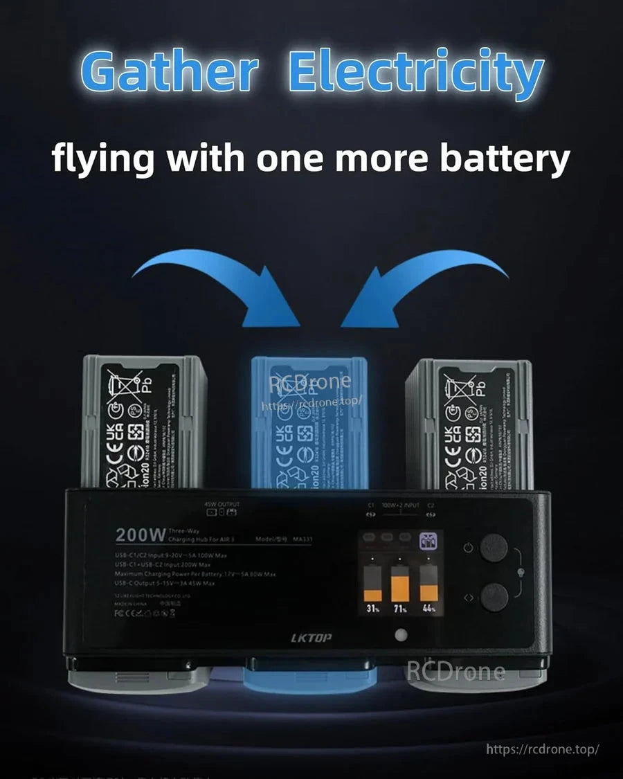 LKTOP 200W Air 3 Charger, LKTOP 200W hub charges Air 3 batteries up to 80W each, has 45W USB-C output, displays levels, and meets CE/UKCA/RoHS standards.