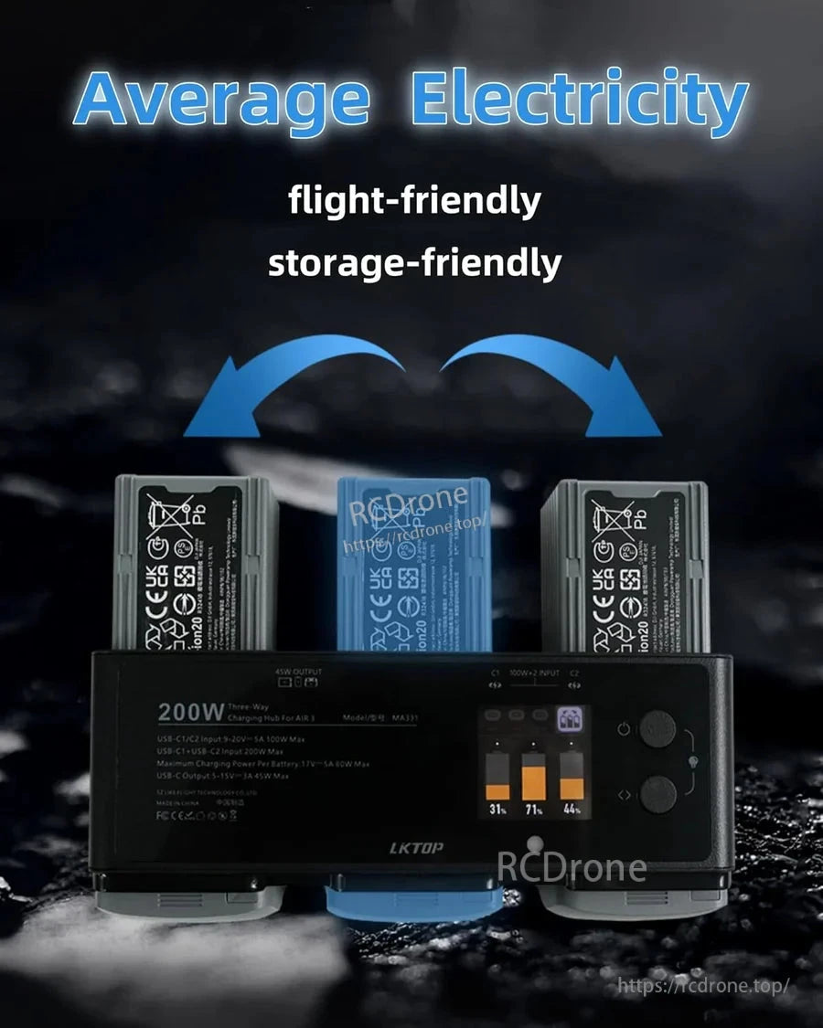 LKTOP 200W Air 3 Charger, LKTOP 200W charger supports three Air 3 batteries, shows real-time levels, and features USB-C with up to 200W power.