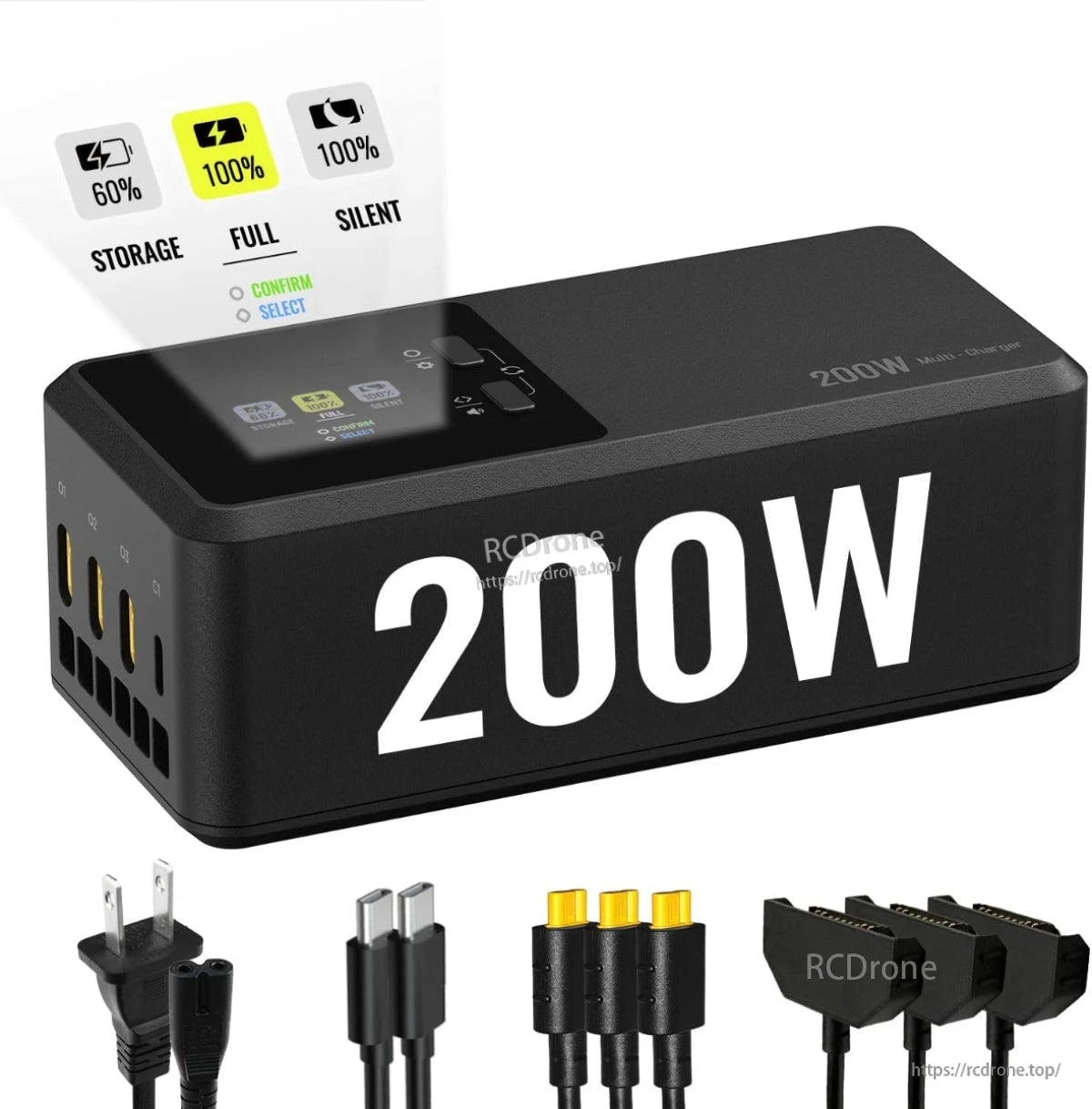 200W silent multi-charger with LCD, parallel charging for DJI/Autel drones, and full storage indicators.