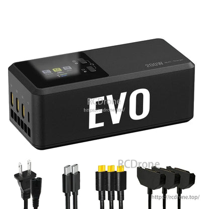 EVO 200W multi charger with LCD display and parallel charging ports for drones.