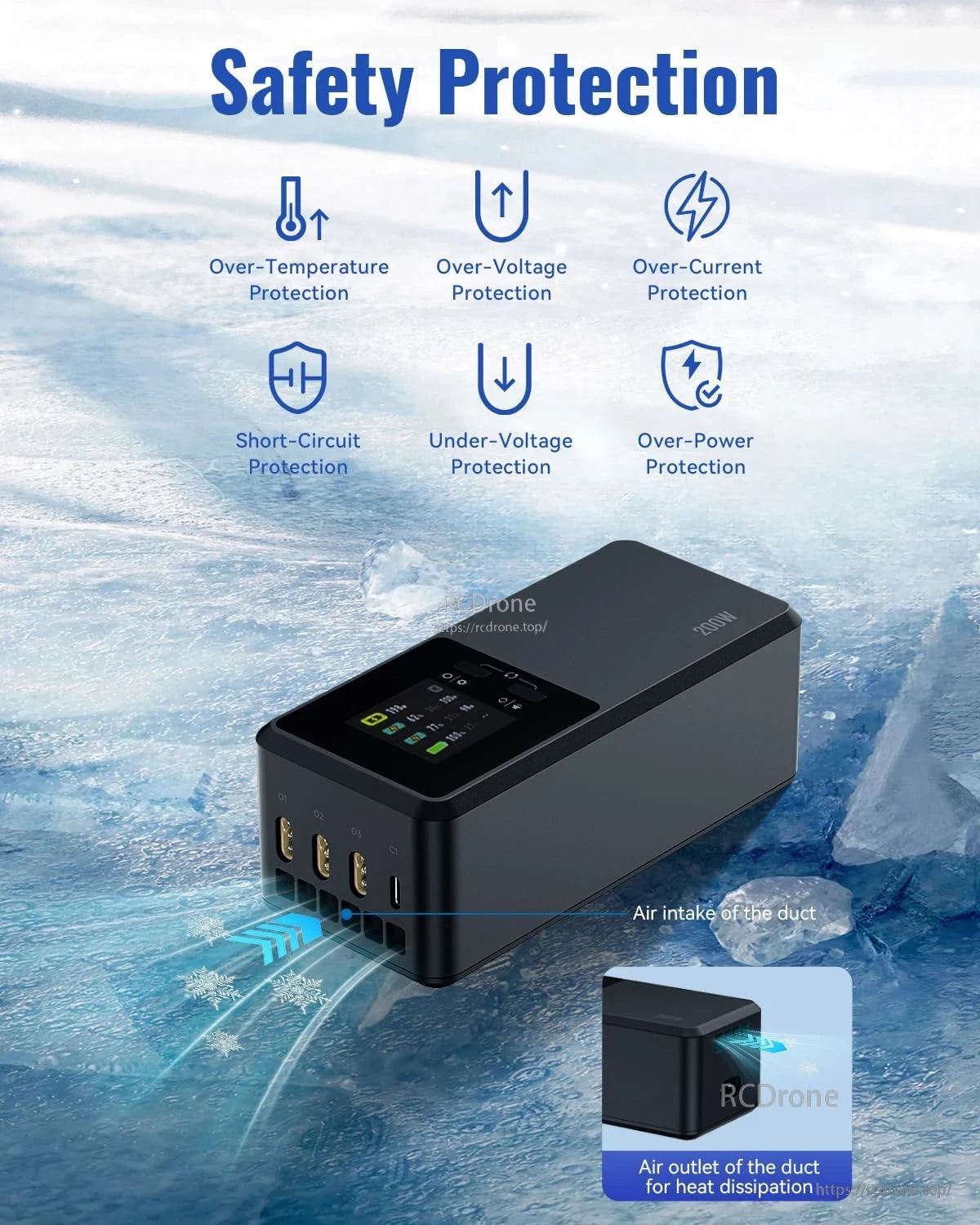 Safety features and heat-dissipating ducts ensure reliable 200W charging hub performance.