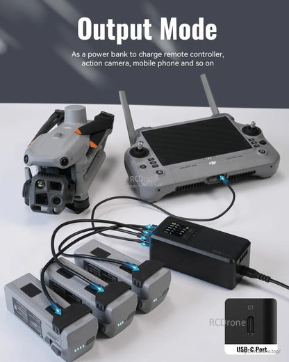 200W hub charges drones, controllers, phones via USB-C; supports parallel charging with LCD display for multiple devices.