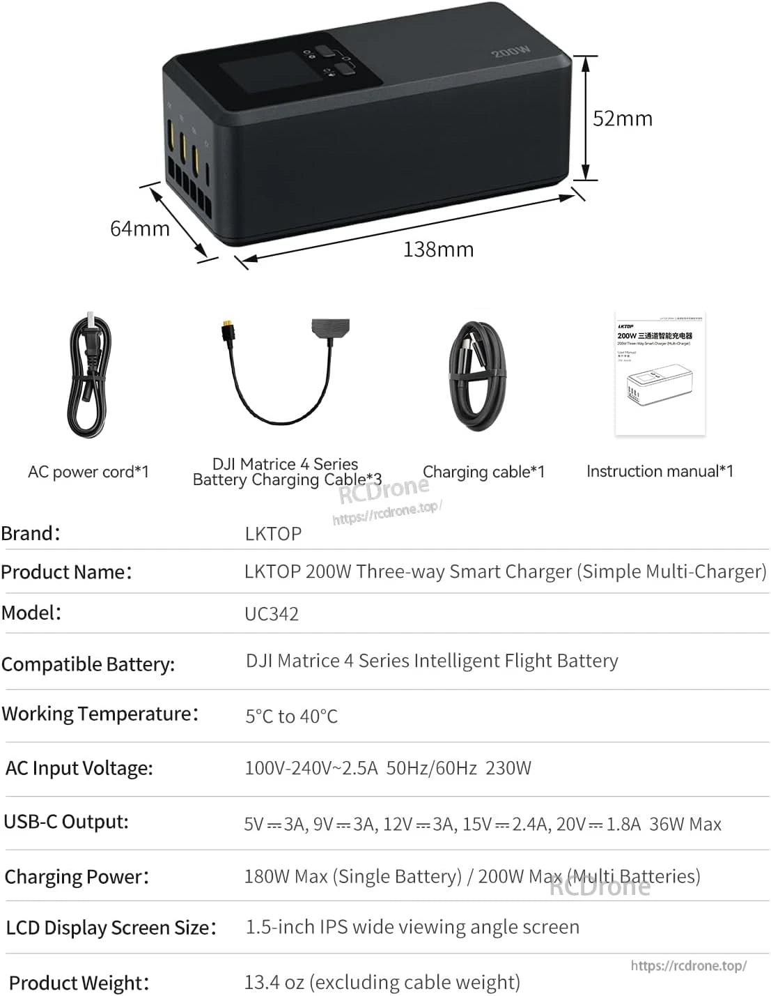 LKTOP UC342 200W smart charger for DJI Matrice 4 batteries with LCD, parallel charging, and included accessories.