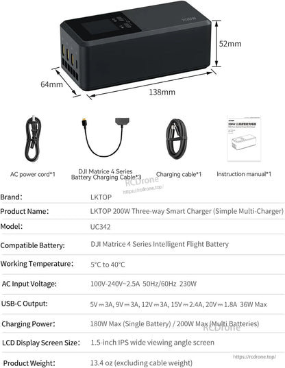 LKTOP UC342 200W smart charger for DJI Matrice 4 batteries with LCD, parallel charging, and included accessories.