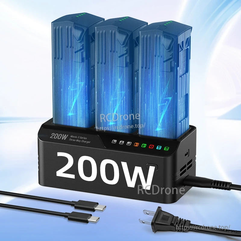 200W triple battery charger with LCD for DJI Matrice 4, Air 3, Mavic 3, and Autel EVO Max/II.