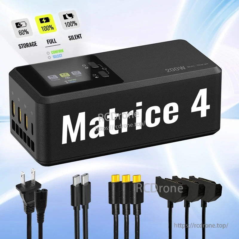 Matrice 4 200W multi-charger features LCD, parallel charging, storage mode, silent indicators, and includes various cables.