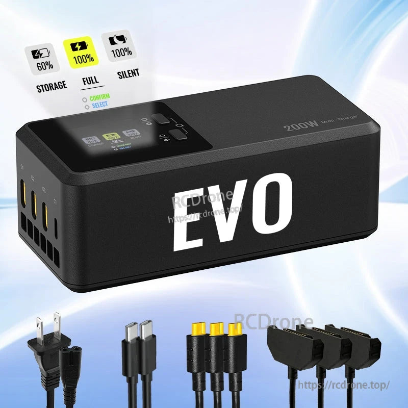 200W EVO charging hub with LCD, parallel ports, storage, full, silent modes.