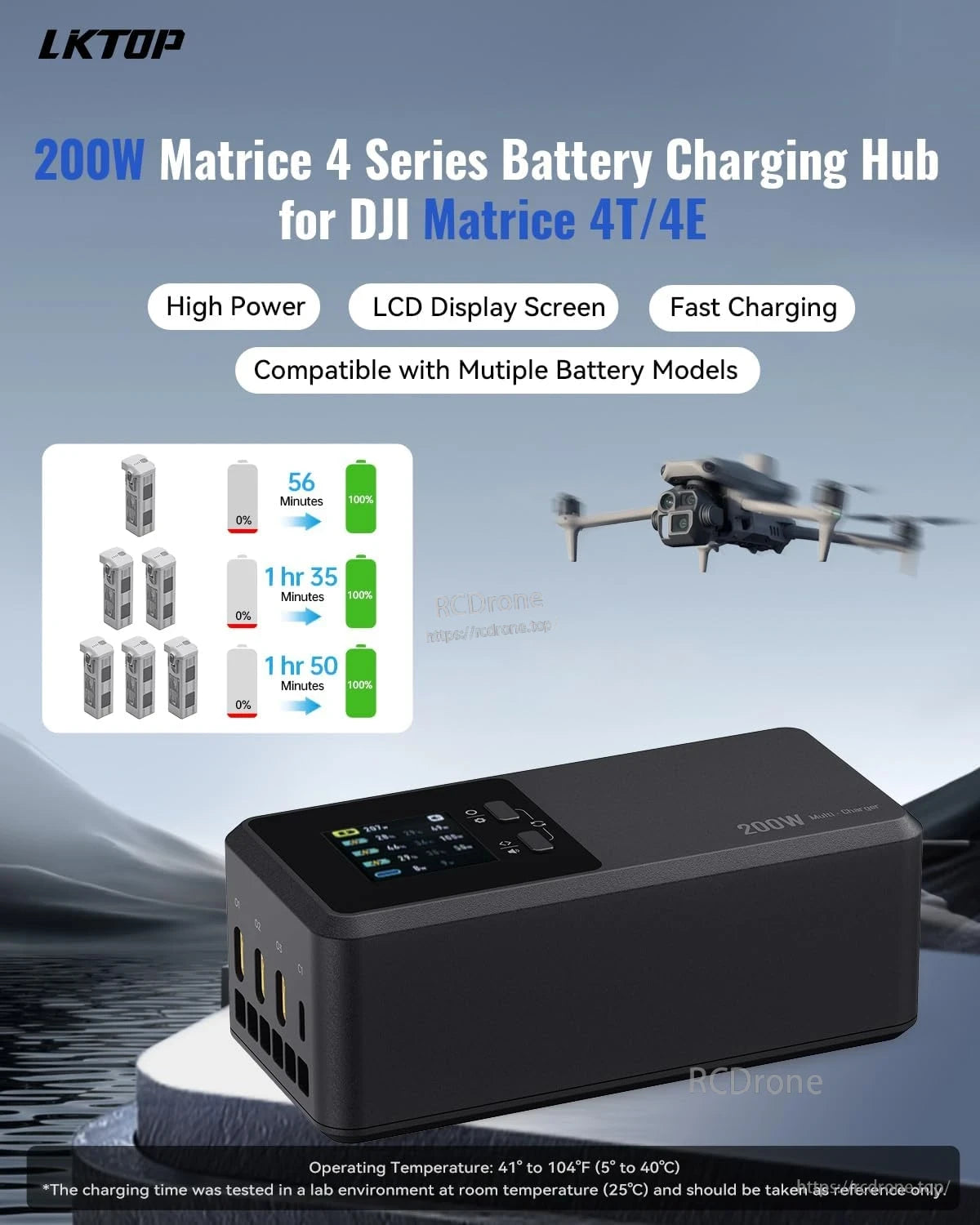 LKTOP 200W hub supports DJI Matrice 4T/4E with fast parallel charging, LCD screen, high power output, and operates within 41°F–104°F.