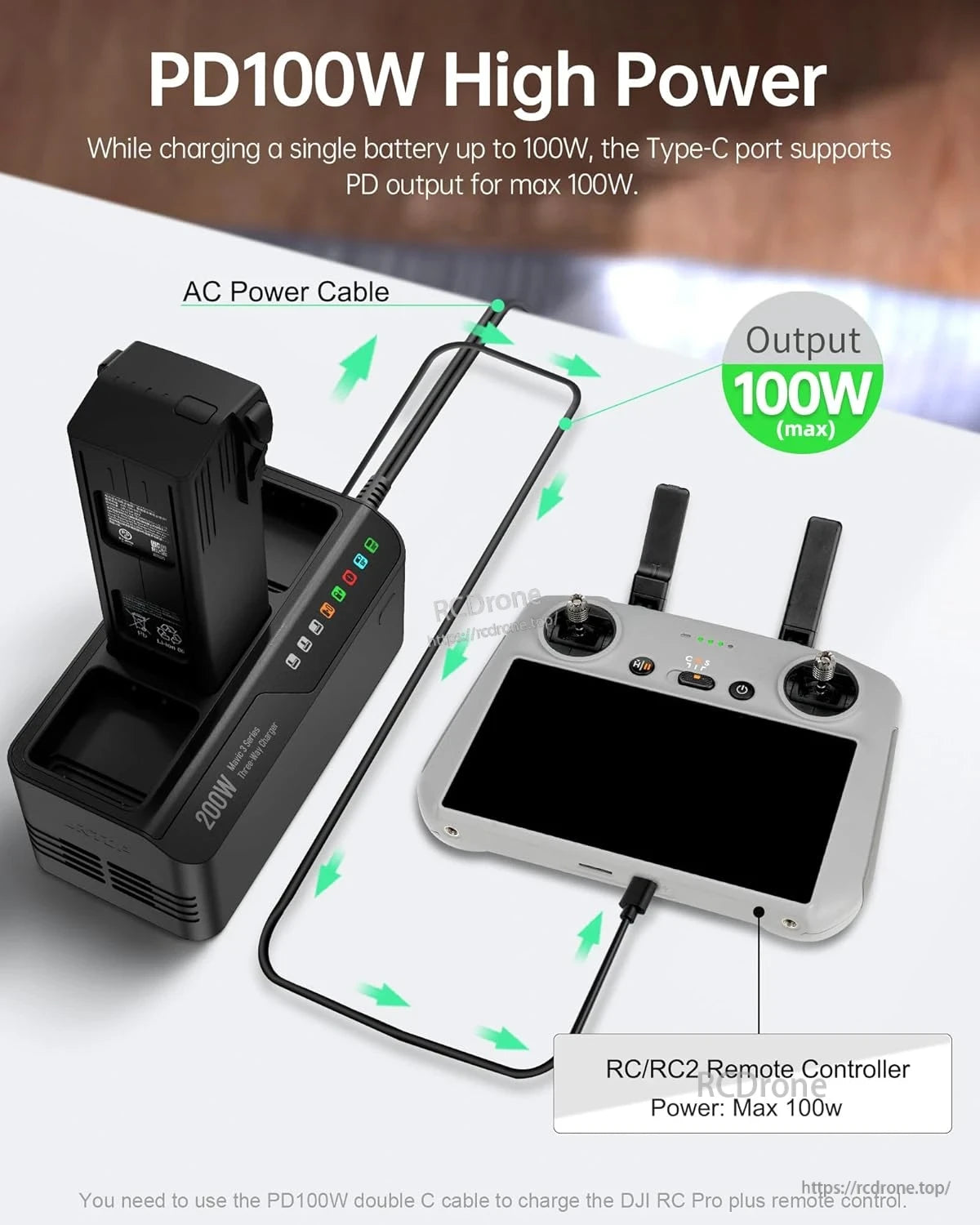 LKTOP 200W hub charges three Mavic 3 batteries at 3.5x speed, offers 100W PD output, cooling fan, and requires specific cables for RC Pro Plus.