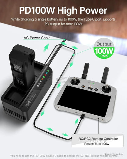 LKTOP 200W hub charges three Mavic 3 batteries at 3.5x speed, offers 100W PD output, cooling fan, and requires specific cables for RC Pro Plus.