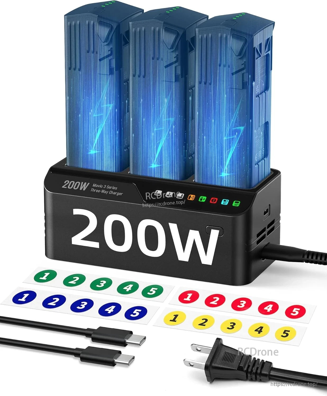 LKTOP 200W Mavic 3 Series Battery Charging Hub, 3.5X Fast 3‑Bay Parallel Charger, PD 100W Output, Built‑in Fan