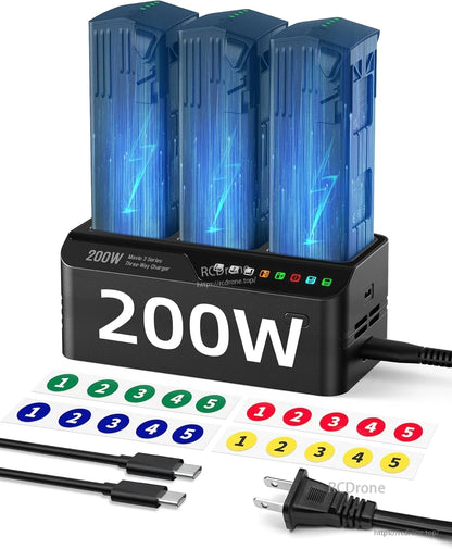 LKTOP 200W Mavic 3 Series Battery Charging Hub, 3.5X Fast 3‑Bay Parallel Charger, PD 100W Output, Built‑in Fan