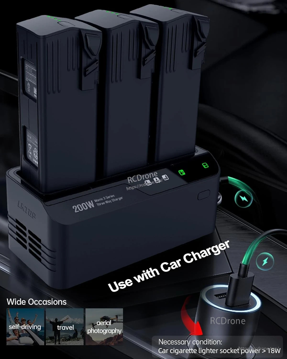 LKTOP 200W three-bay Mavic 3 charger with 100W PD output, fan-cooled, car-compatible, ideal for travel and aerial photography.