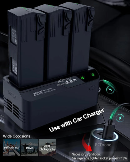 LKTOP 200W three-bay Mavic 3 charger with 100W PD output, fan-cooled, car-compatible, ideal for travel and aerial photography.