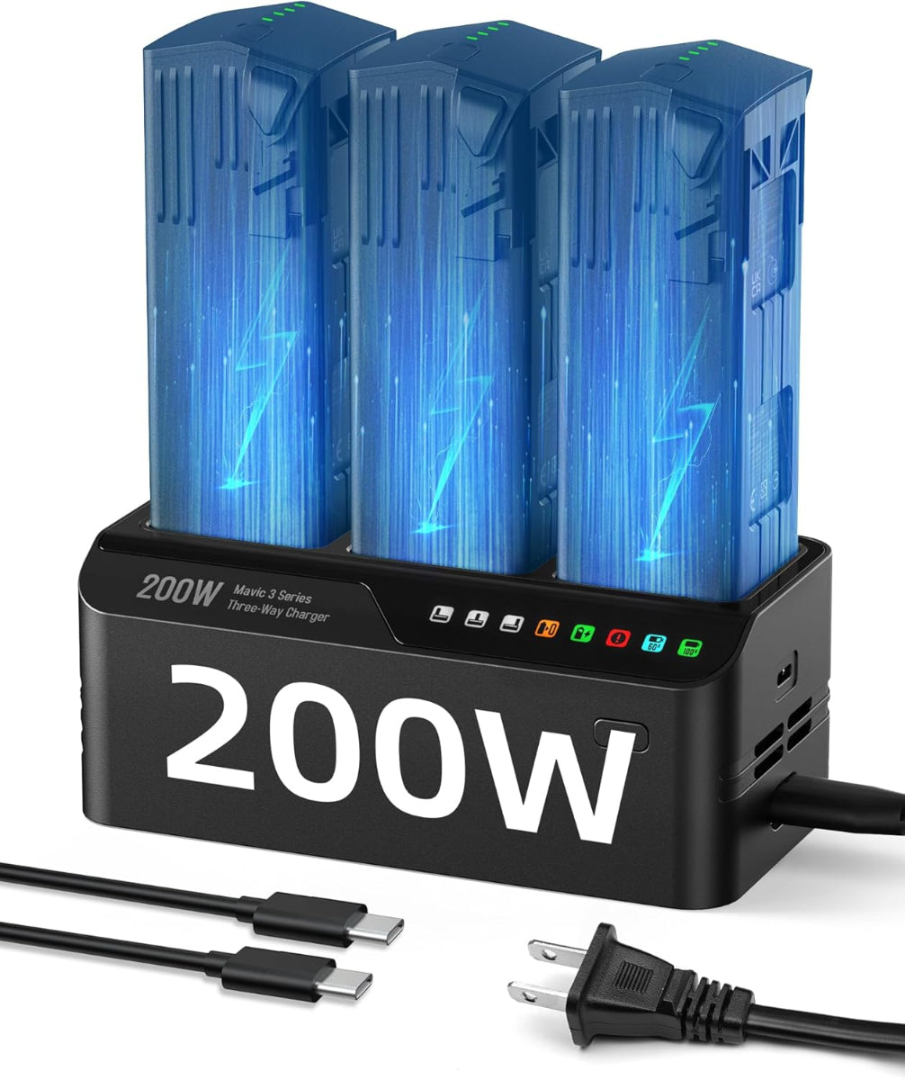 200W Mavic 3 charger with fast parallel charging, PD output, and cooling fan.