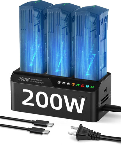 200W Mavic 3 charger with fast parallel charging, PD output, and cooling fan.