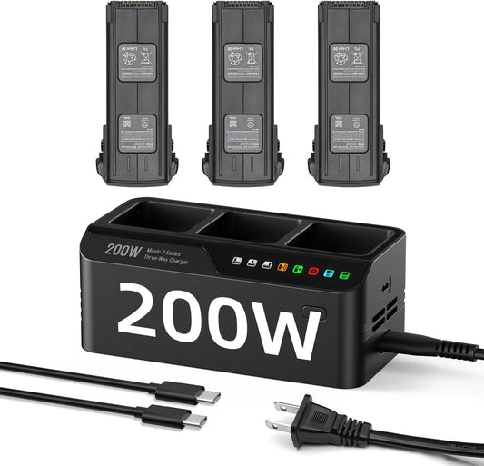 200W Mavic 3 charger with fast parallel charging, PD output, fan, and USB-C cables included.