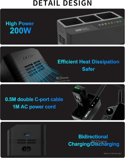 200W charger with heat dissipation, bidirectional charging, includes cables for Mavic 3 batteries.