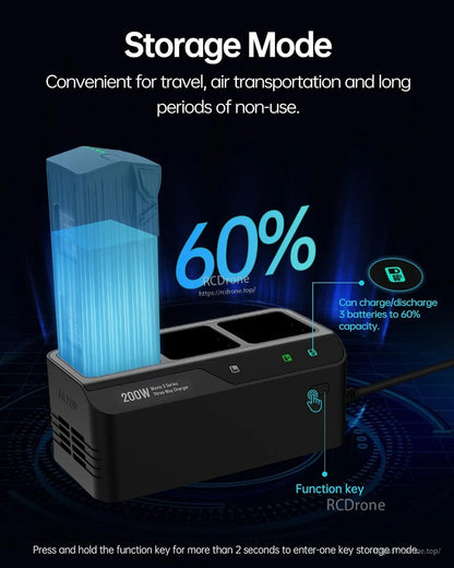 Storage Mode prepares batteries for travel or storage by charging/discharging them to 60%; activate by holding the function key for over two seconds.