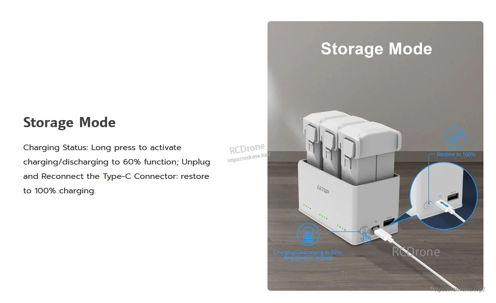 LKTOP 37W Mini 4 Pro Charger, Long press for 60% charge/discharge; reconnect Type-C for 100%. Features indicator lights and USB ports for battery management.