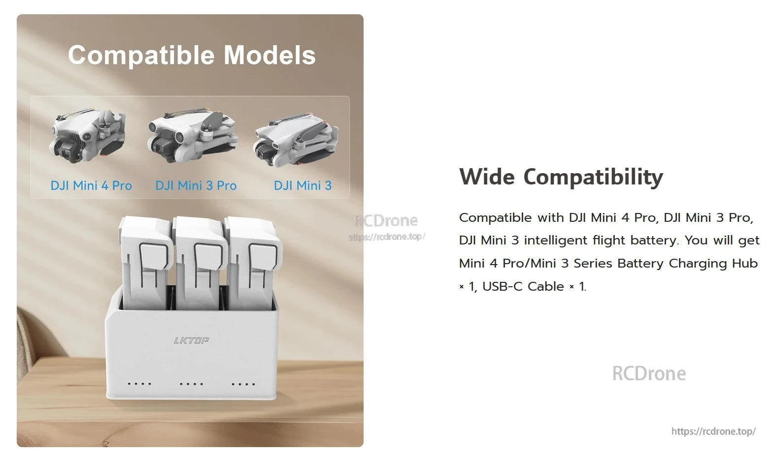 LKTOP 37W Mini 4 Pro Charger, LKTOP charger supports Mini 4 Pro, Mini 3 Pro, and Mini 3 batteries with hub and USB-C cable for broad Mini series compatibility.