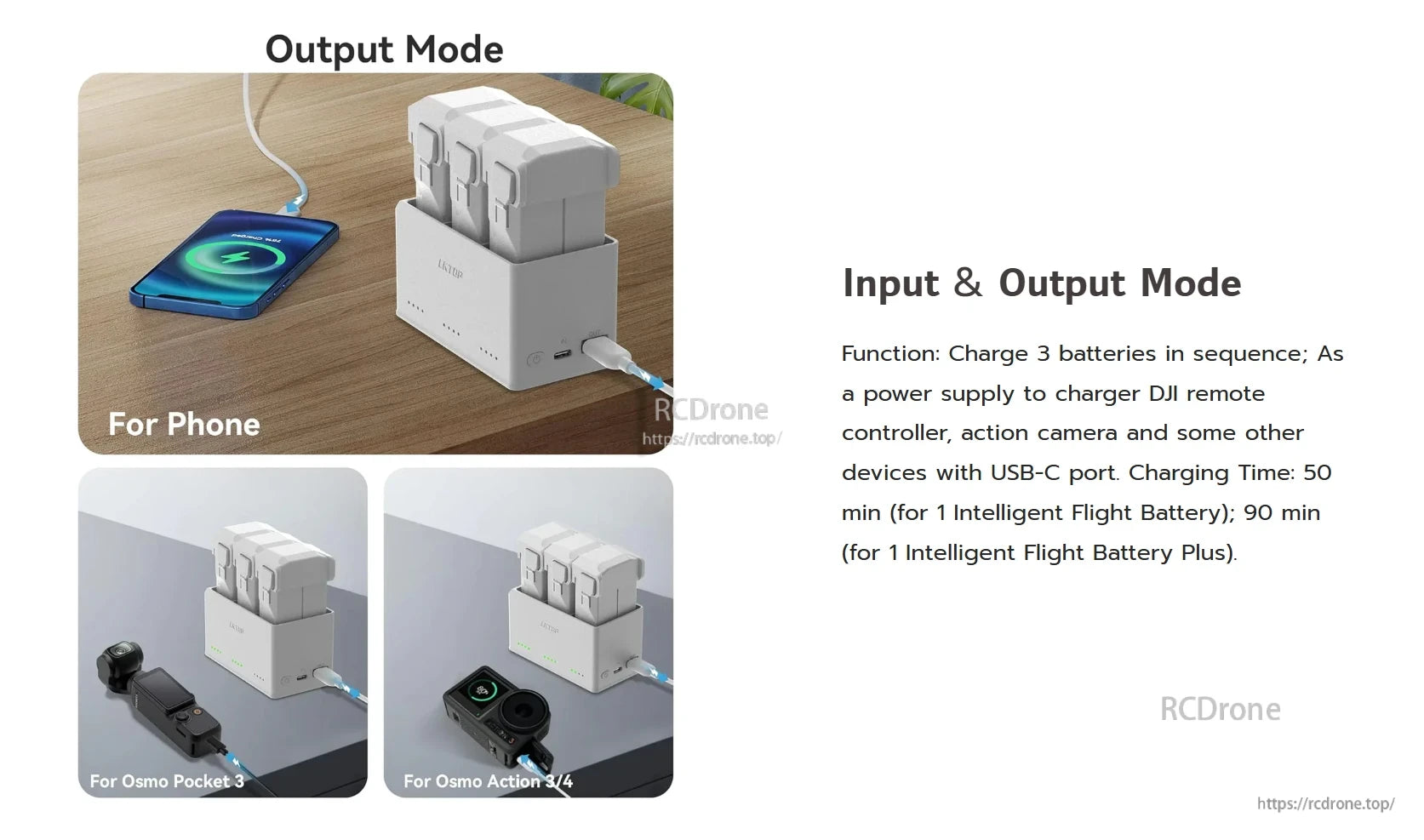 LKTOP 37W Mini 4 Pro Charger sequentially charges three DJI batteries and powers devices via USB-C, compatible with various DJI products.