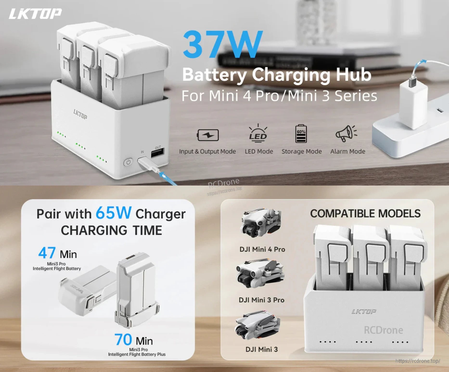 LKTOP 37W Mini 4 Pro Charger, LKTOP 37W hub charges Mini 4 Pro/Mini 3 batteries in 47–70 mins with LED, storage, and alarm features.