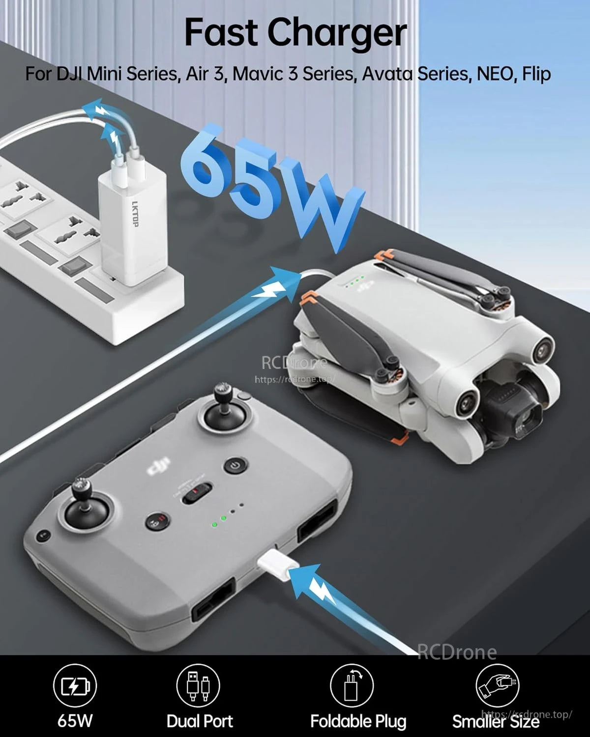 LKTOP 65W Portable Battery Charger, 65W dual-port fast charger for DJI drones and controllers, featuring a foldable plug and compact design.