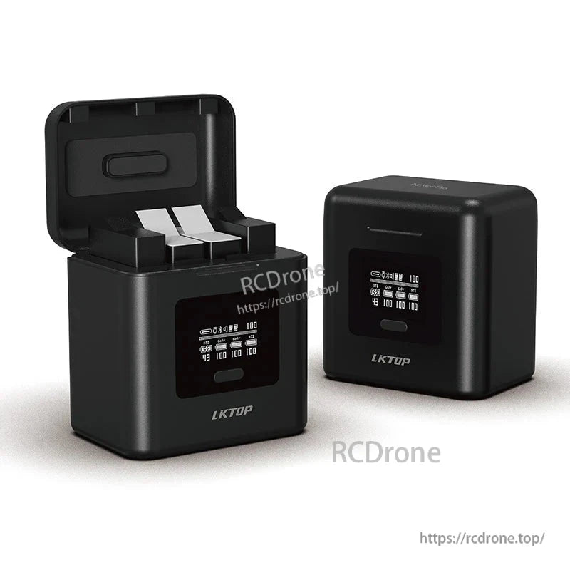 LKTOP 7000mAh 4-bay charger offers fast charging for GoPro/DJI Action and includes a dual TF card reader.