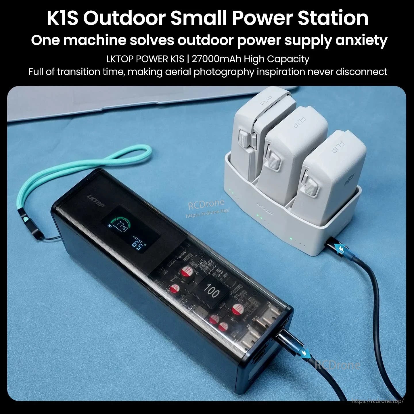 LKTOP DJI Flip Charger, LKTOP POWER K1S: 27000mAh portable station with digital display, multiple ports, compact design—charges DJI Flip batteries, easing aerial photography power concerns.
