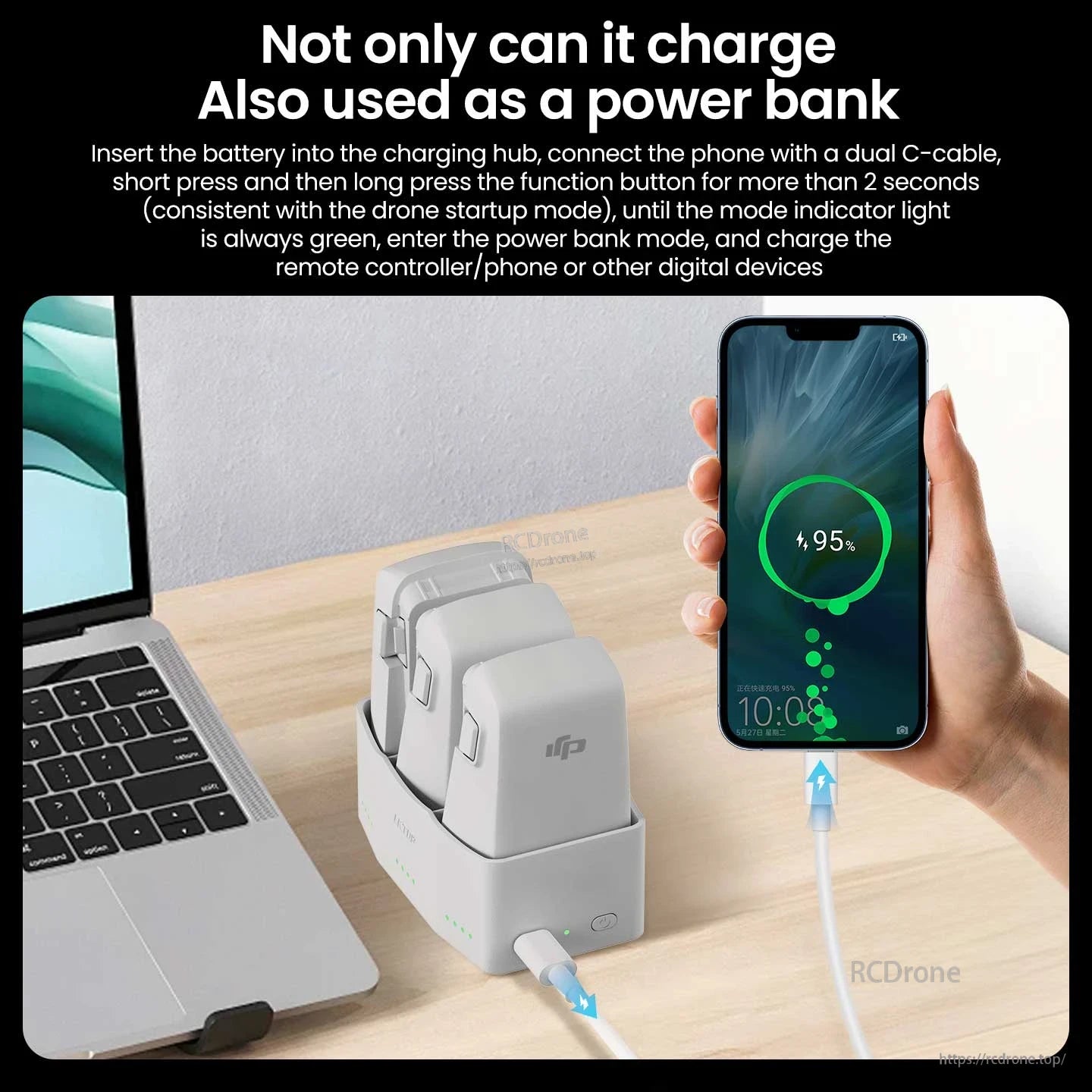 LKTOP DJI Flip Charger, This device charges batteries and powers devices like phones or remotes via USB-C in power bank mode.