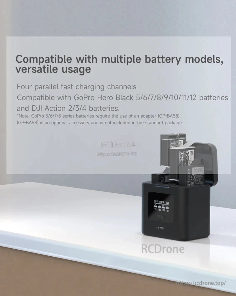 LKTOP GoPro DJI 4-Bay Charger, Four-channel fast charger for GoPro Hero 5–12 and DJI Action 2–4 batteries; adapter GP-BA58 sold separately.