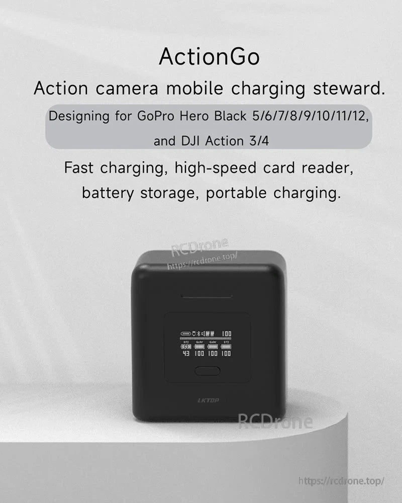 LKTOP GoPro DJI 4-Bay Charger, LKTOP charger for GoPro Hero 5–12 and DJI Action 3/4 with fast charging, card reader, battery storage, and portable design.