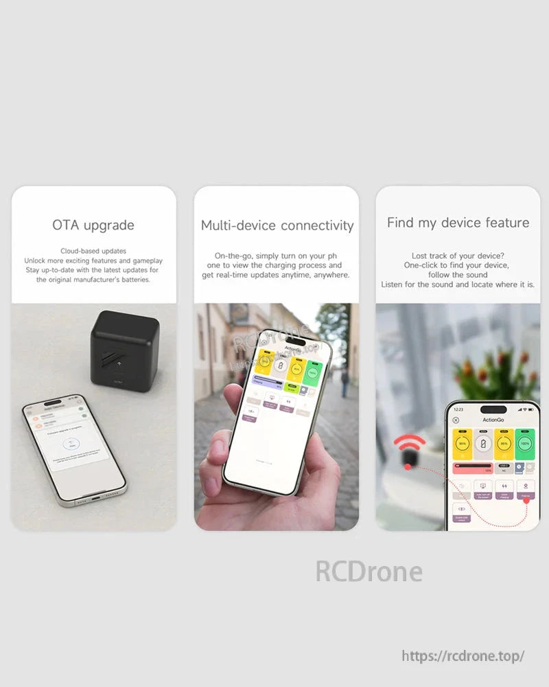 LKTOP GoPro DJI 4-Bay Charger, OTA upgrades, multi-device connectivity, and find-my-device enable real-time updates, charging monitoring, and location tracking via app for compatible batteries.