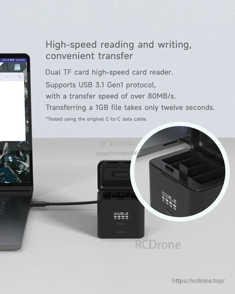 LKTOP GoPro DJI 4-Bay Charger, Dual TF card reader with USB 3.1 Gen1 transfers 1GB in 12 seconds using original C-to-C cable.
