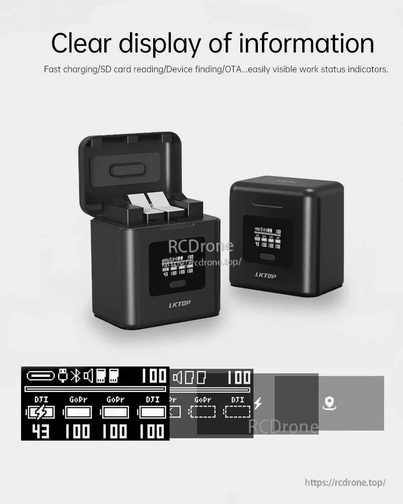 LKTOP GoPro DJI 4-Bay Charger, LKTOP 4-bay charger shows battery levels, status, and device info for GoPro/DJI with fast charging and OTA updates.