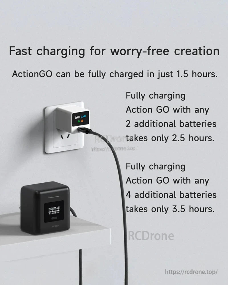 LKTOP GoPro DJI 4-Bay Charger, ActionGO charges quickly: 1.5 hours for one battery, up to 3.5 hours for four, enabling worry-free creation.