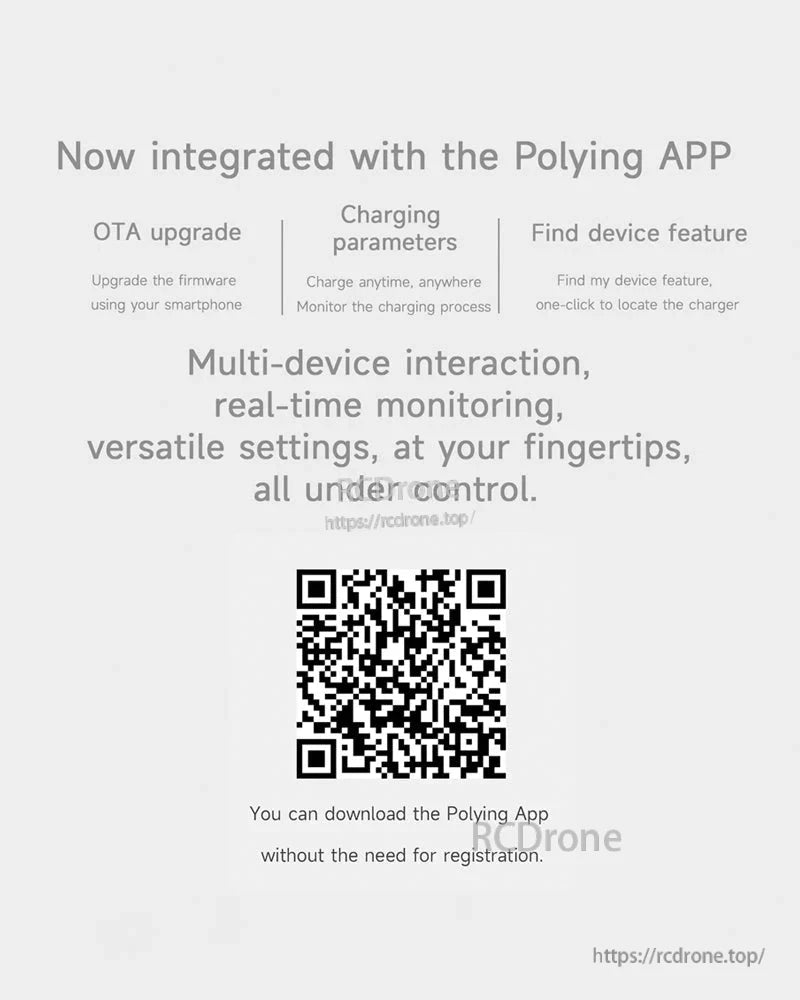 LKTOP GoPro DJI 4-Bay Charger, Polyng App offers OTA upgrades, real-time monitoring, multi-device interaction, and QR code download—no registration needed.