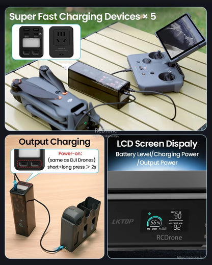 The LKTOP POWER K1S power bank fast-charges five devices, supports drone charging, and features an LCD screen with multiple high-wattage outputs.