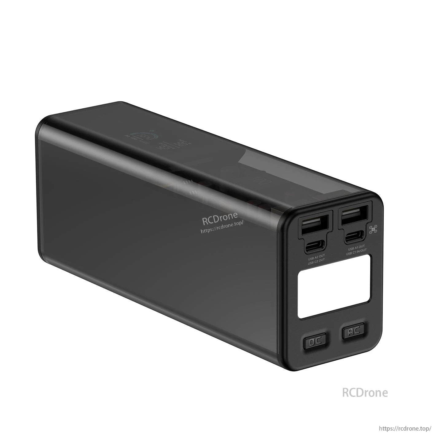 High-capacity black power bank with USB ports, AC outlet, LCD screen, and fast drone charging.