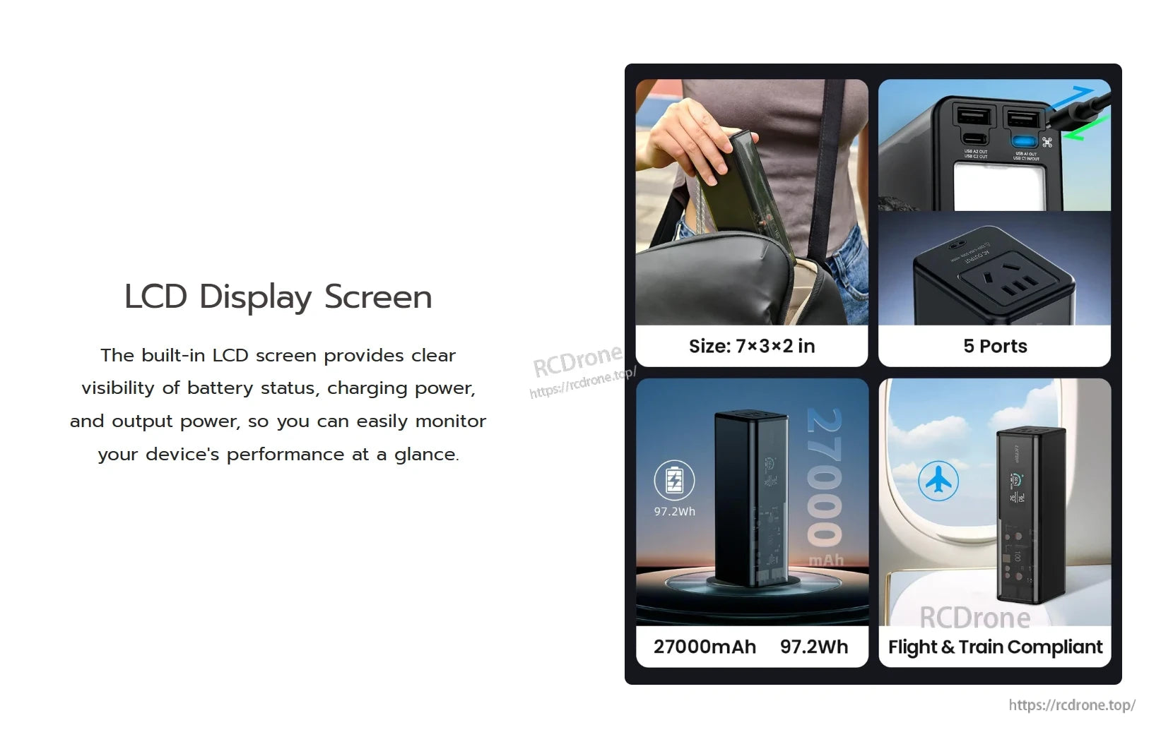 The LKTOP K1S Power Hub features real-time LCD monitoring, 27000mAh capacity, five ports, compact size, and complies with airline/train regulations.