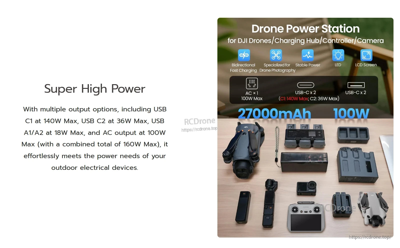The LKTOP K1S Power Hub offers 27,000mAh, 100W output, multiple ports, bidirectional charging, and an LED/LCD screen for DJI gear.