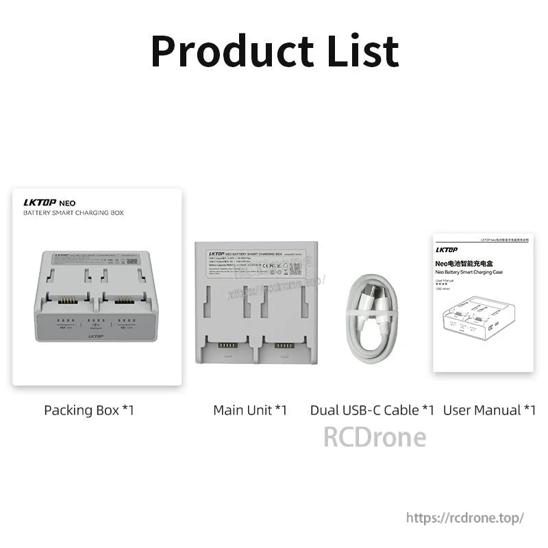 LKTOP Neo Charger, LKTOP Neo Battery Smart Charging Box includes essential accessories and is designed for efficient battery charging.
